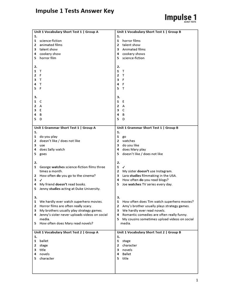 Impulse 1 Tests Answer Key | PDF