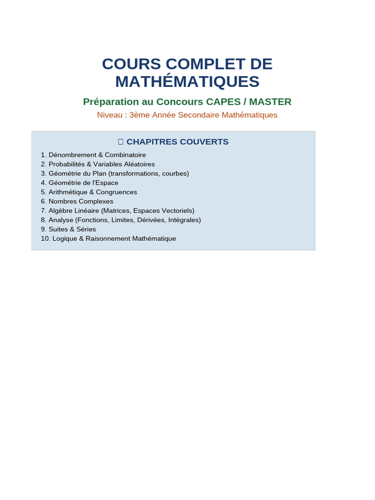 Cours Complet Math CAPES | PDF | Combinatoire | Base (algèbre linéaire)