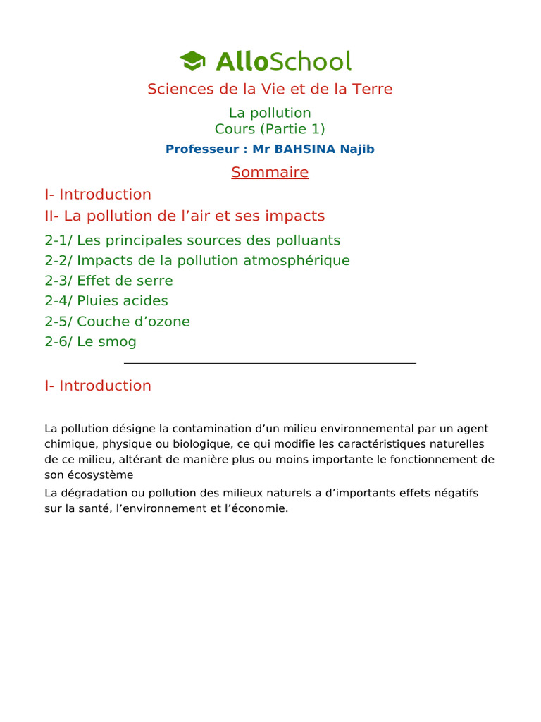 Sciences de La Vie Et de La Terre: La Pollution Cours (Partie 1) | PDF ...