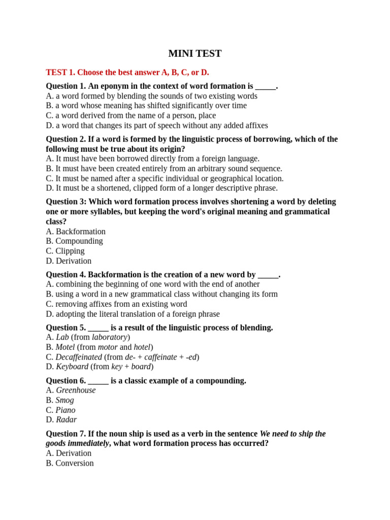 Mini Test | PDF | Word | Part Of Speech