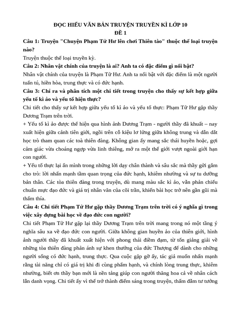 Đọc Hiểu Văn Bản Truyện Truyền Kì Lớp 10 | PDF