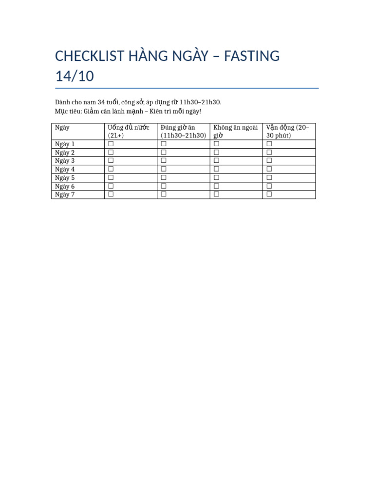 Checklist Fasting 14 10 | PDF