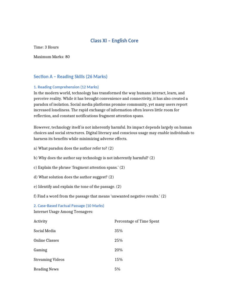 Class XI English CBSE Difficult Question Paper | PDF | Social Media ...