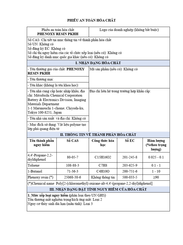 Phenoxy Resin Pkhh: Phiếu An Toàn Hóa Chất | PDF