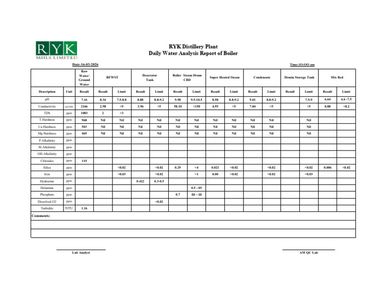 Boiler RO Water Analysis 16.03.26 | PDF | Gas Technologies | Power ...