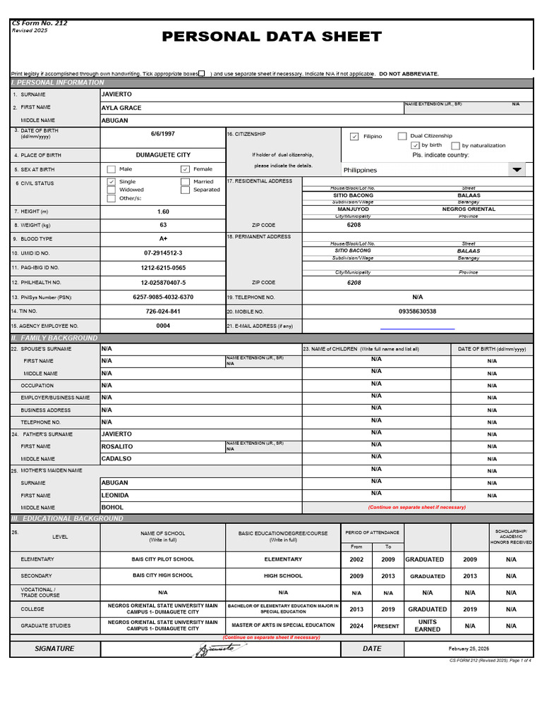 Personal Data Sheet CS Form No. 212 Revised 2025 | PDF