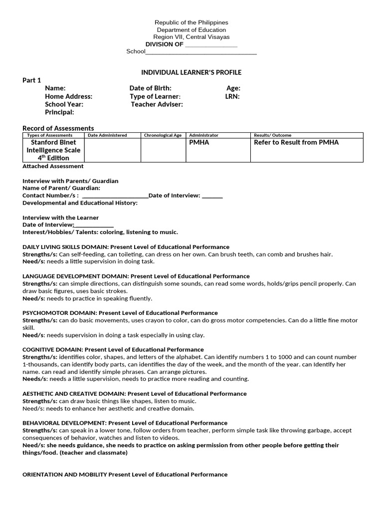 Individual Learner's Profile Template | PDF | Individualized Education ...
