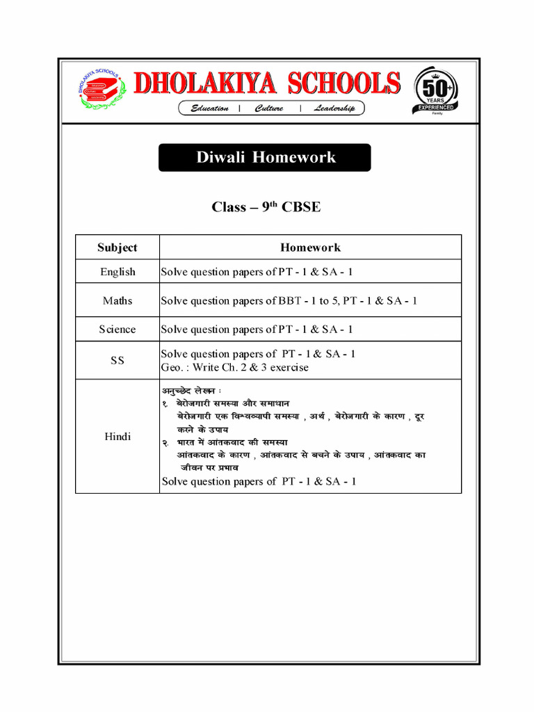 Diwali Homework Class 9 | PDF