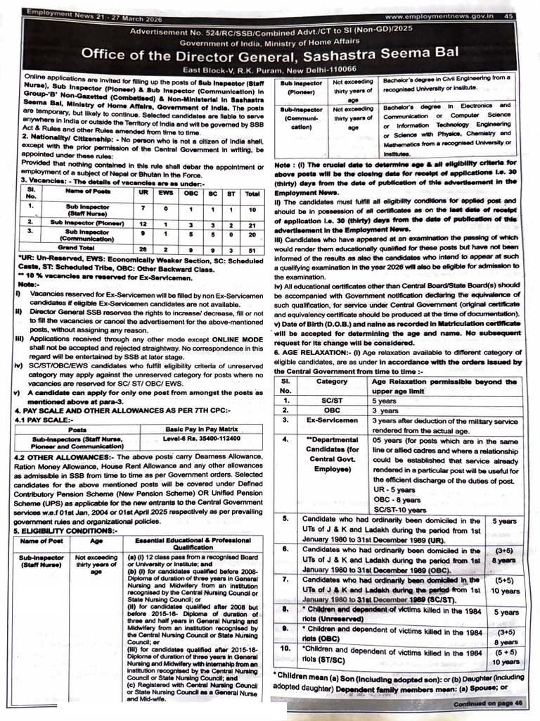 SSB Sub Inspector SI Recruitment 2026 Notification Emp News 2 | PDF