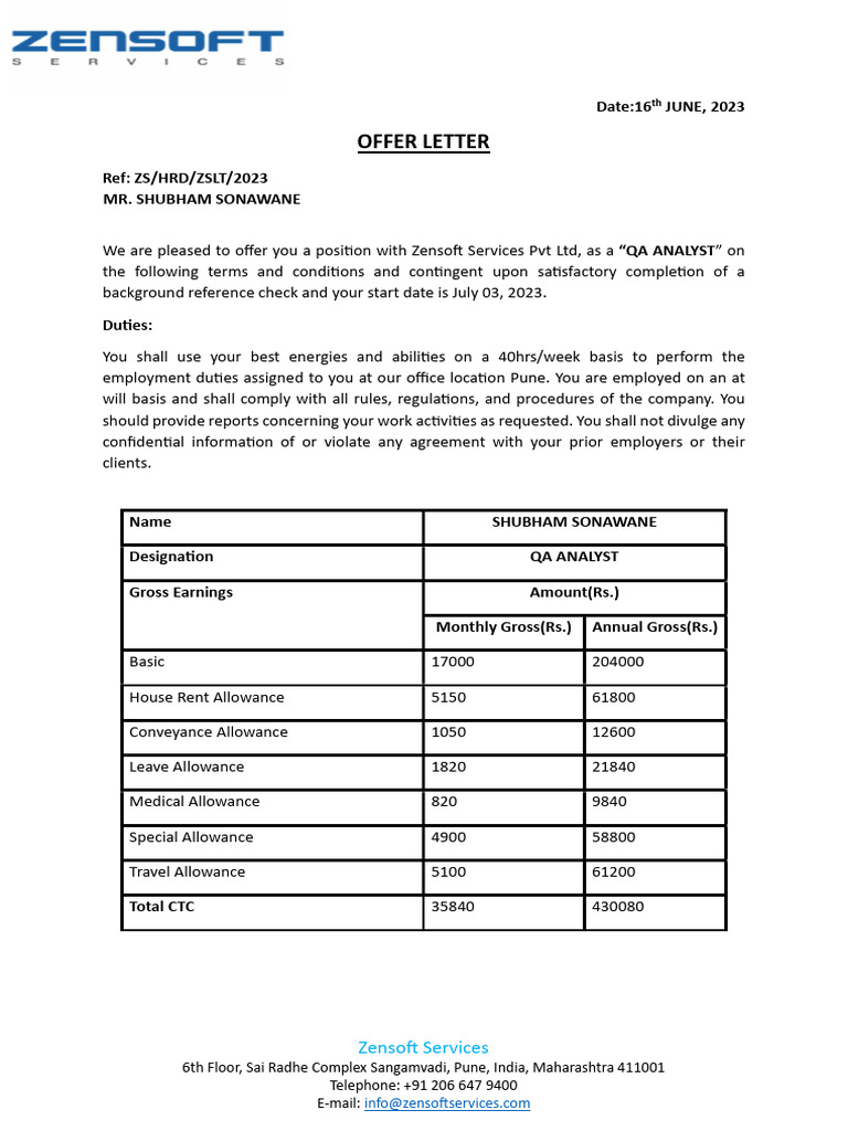 Shubham Sonawane Offer Letter | PDF