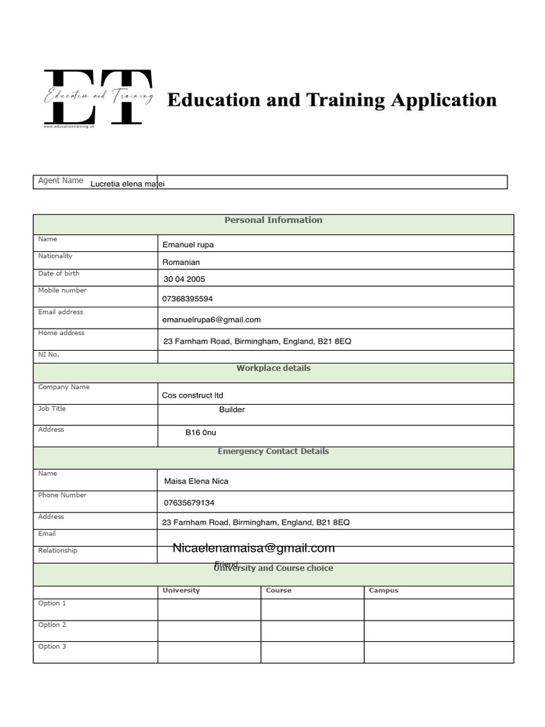 Updated E&T Student Form | PDF | Government And Personhood