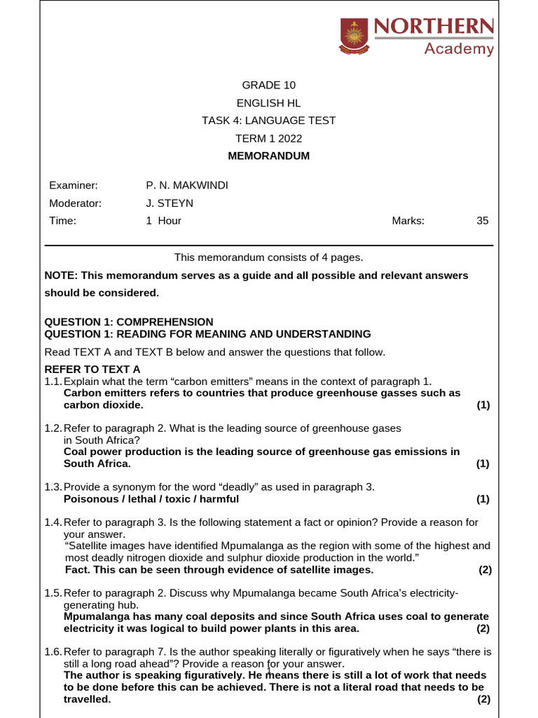 Grade 10 Language Test Memo 2022 | PDF | Coal | Greenhouse Effect