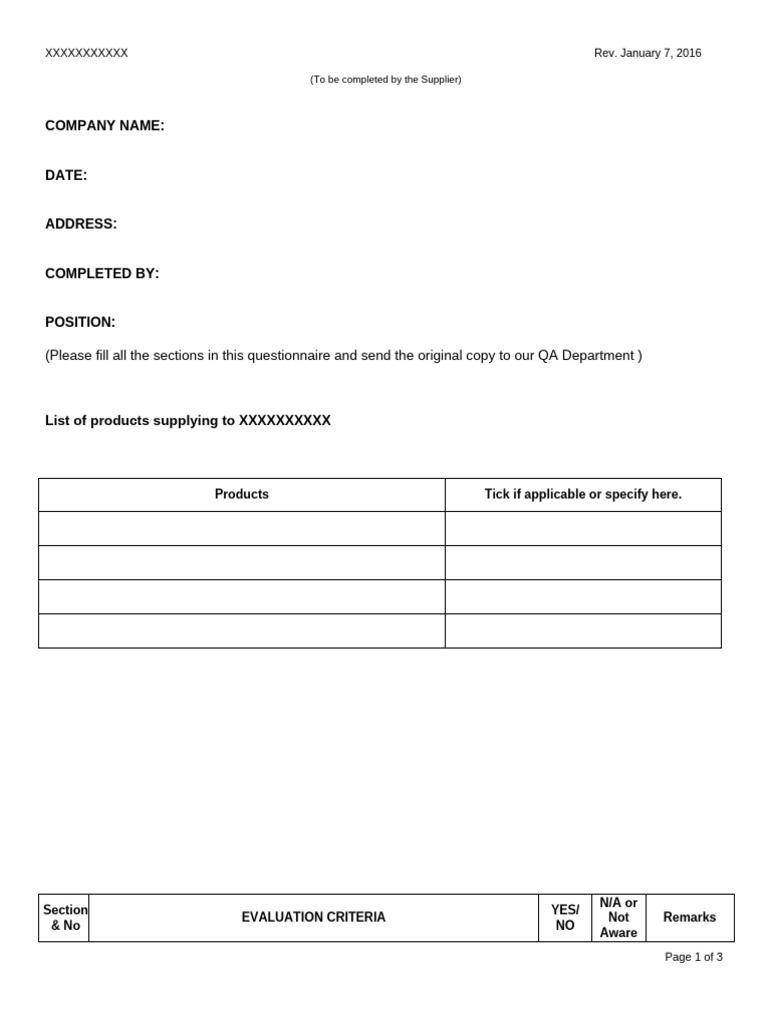 Supplier Evaluation Form - SAMPLE | PDF | Hygiene | Pest Control