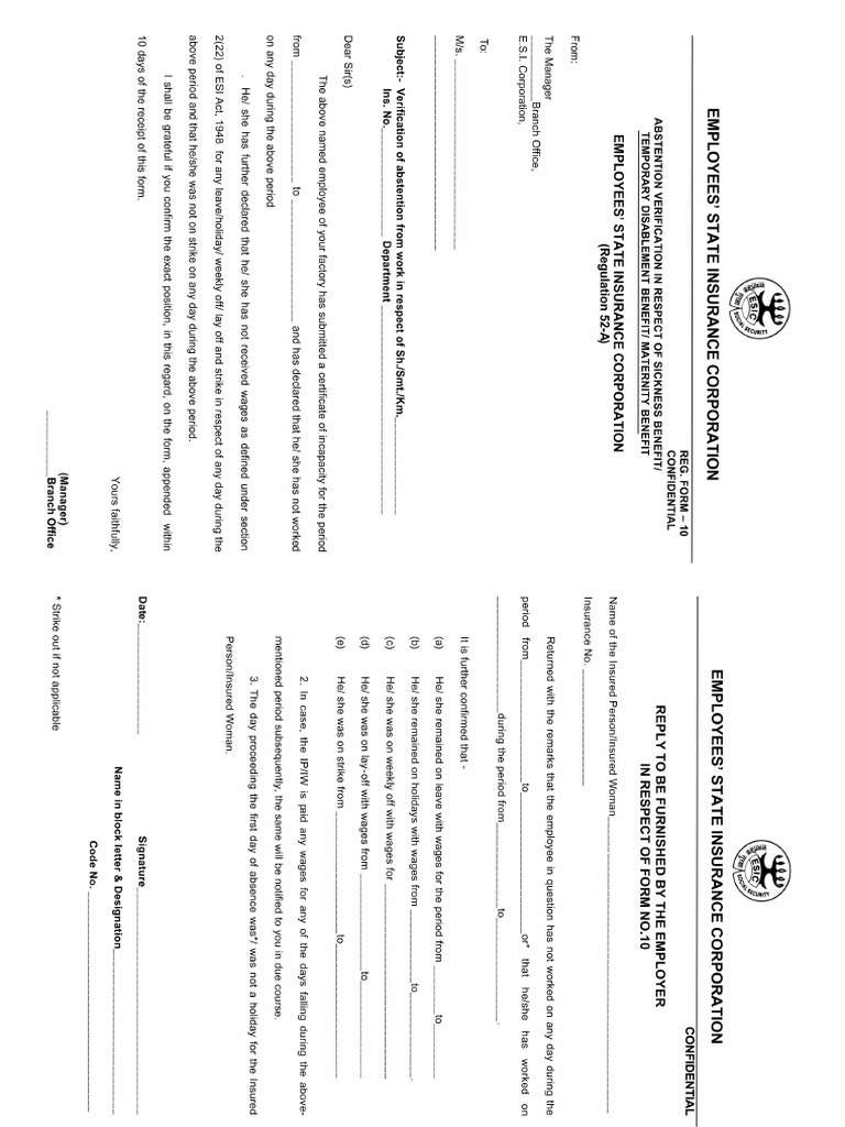 Esic Form 10 For Long Leave | PDF