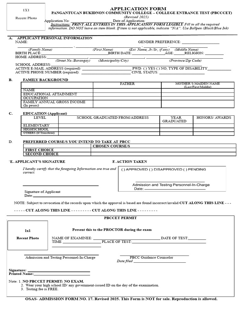 OSAS-ADMISSION FORM NO. 17. Revised 2025 | PDF