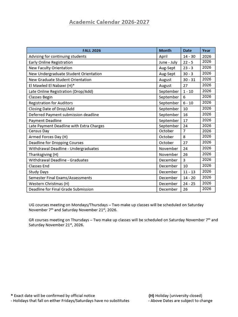 Academic Calendar AY 26-27 | PDF | Academic Term | Christian Festivals ...