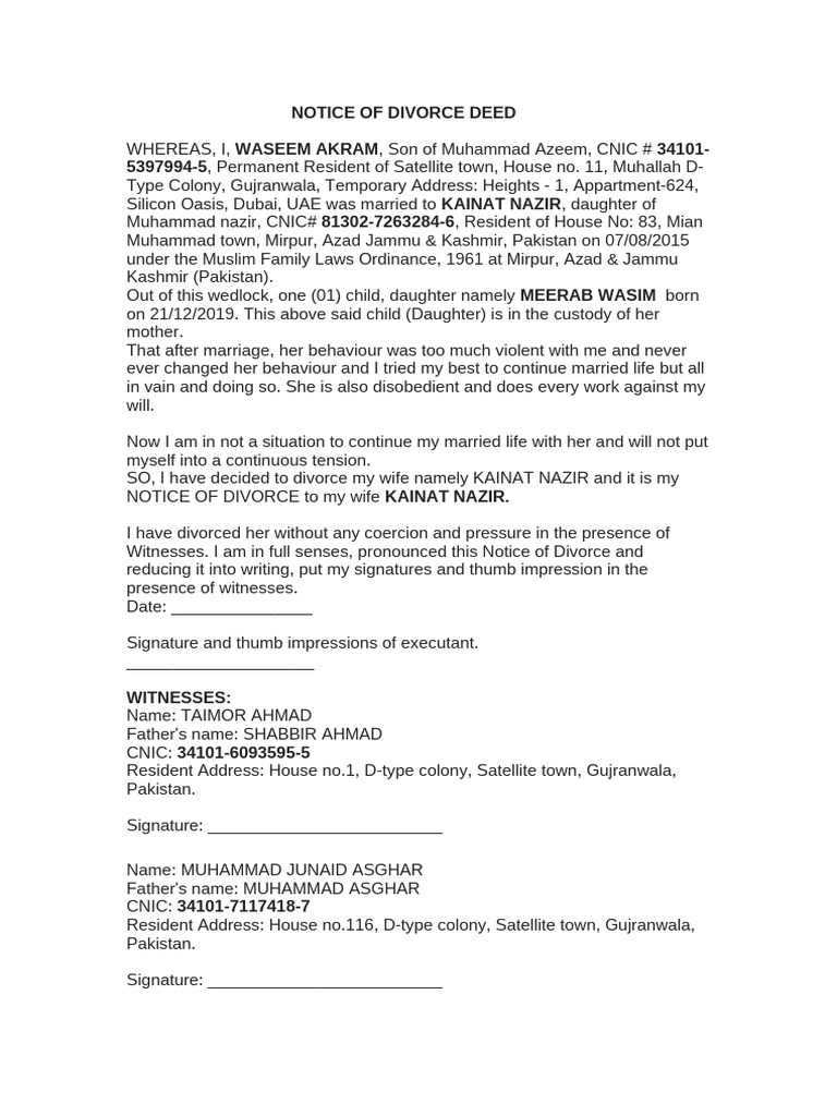 Notice of Divorce Deed | PDF