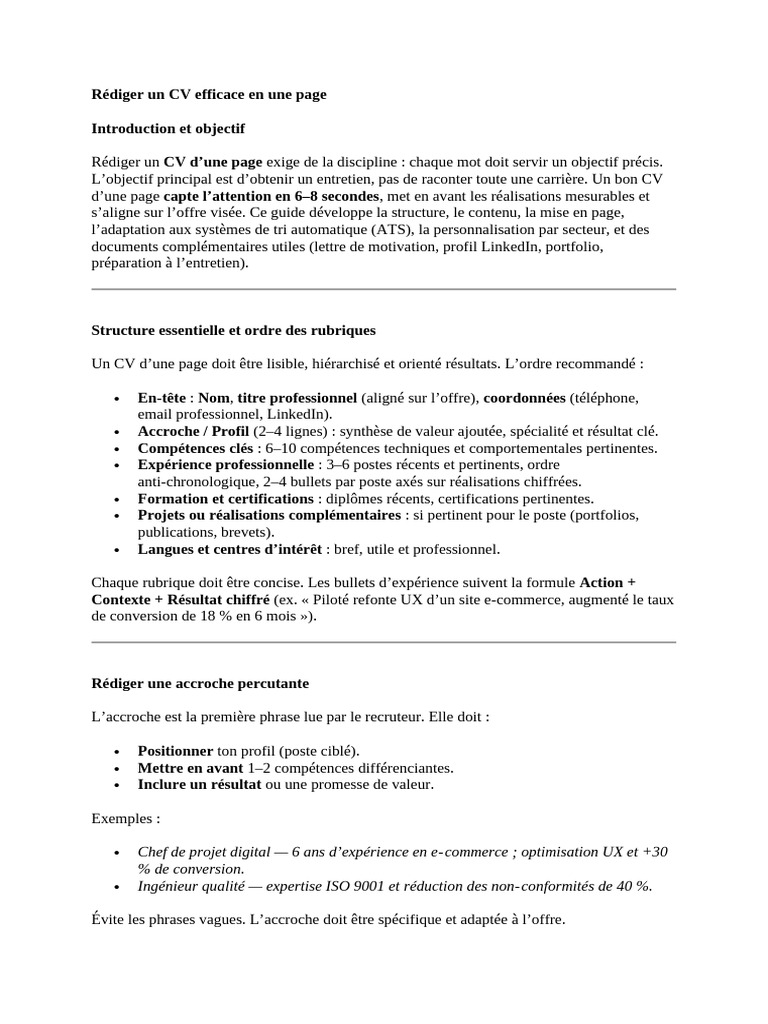 Rédiger Un CV Efficace en Une Page | PDF | LinkedIn