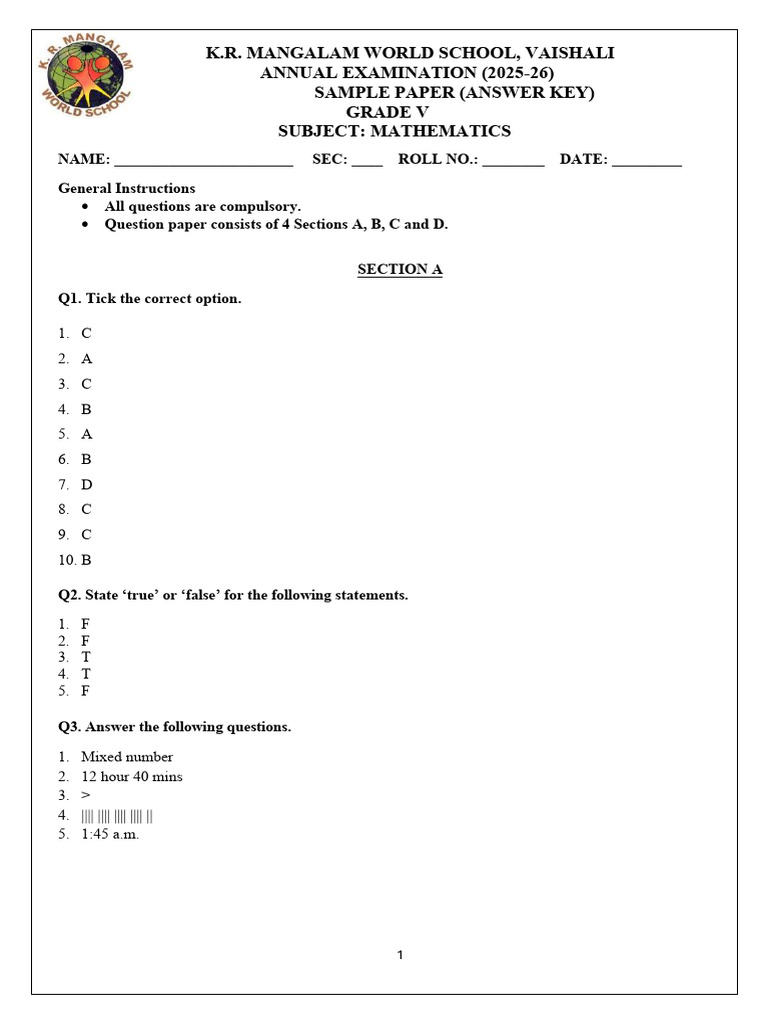 Gr5 Annual Exam Sample Paper Answer Key 202526 | PDF