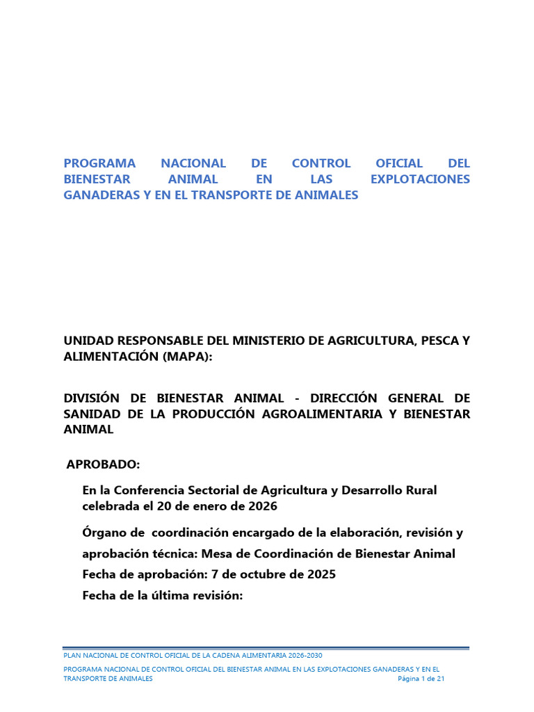 1.20 PNCO - Bienestaranimal - 2026 - 2030 | PDF | Matadero | Regulación