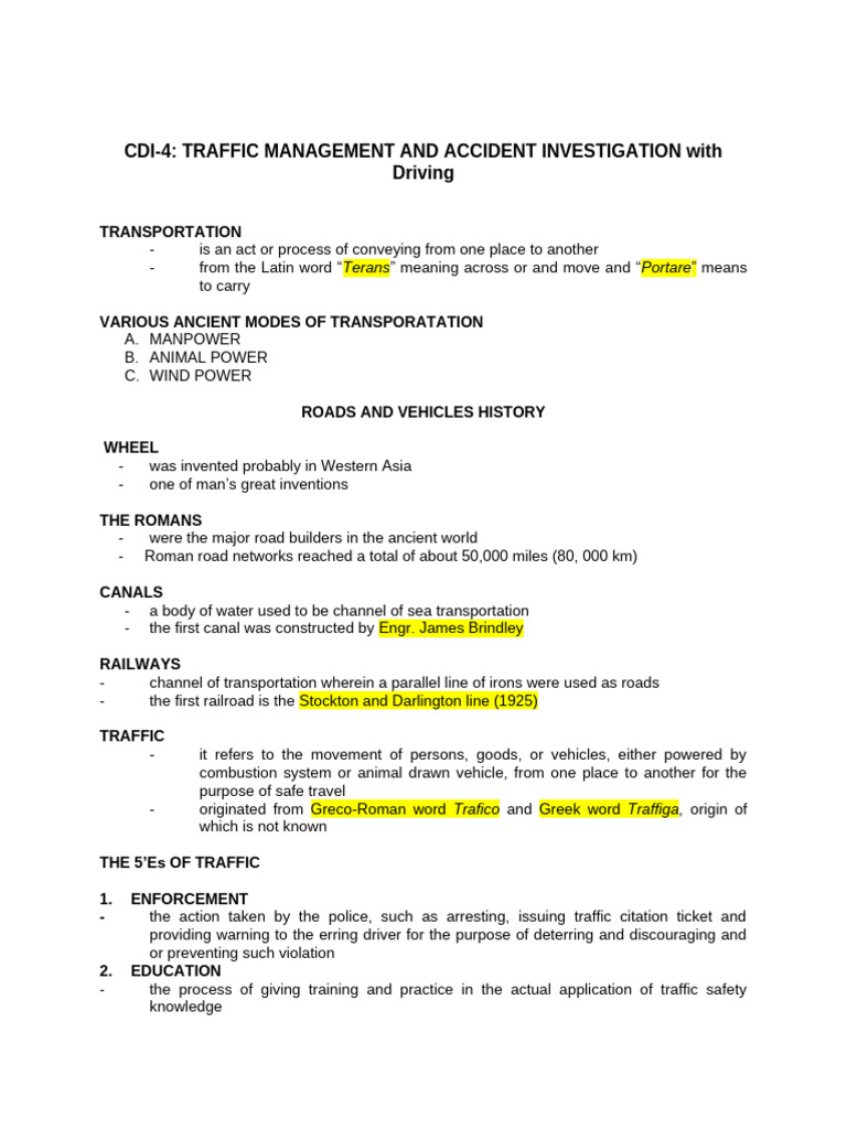 CDI 4 TRAFFIC MANAGEMENT AND ACCIDENT INVESTIGATION With DRIVING | PDF ...