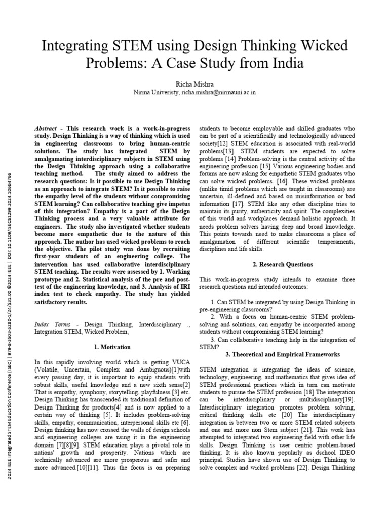 Integrating STEM Using Design Thinking Wicked Problems A Case Study ...