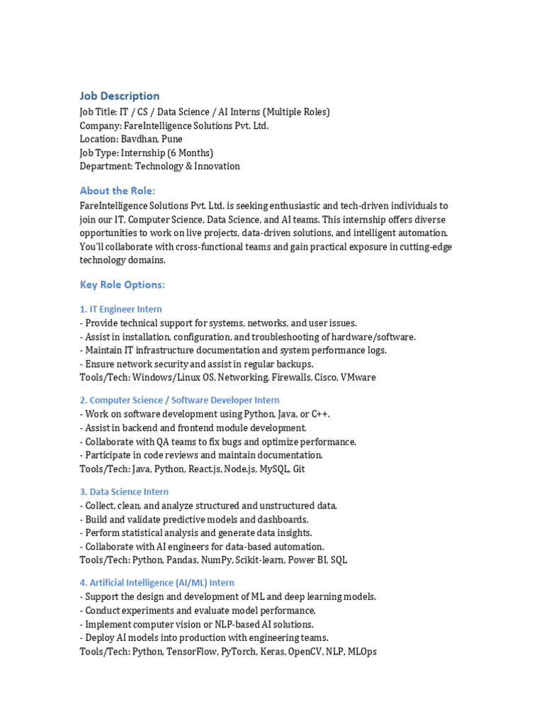 JD Software Engineer Intern | PDF | Artificial Intelligence ...