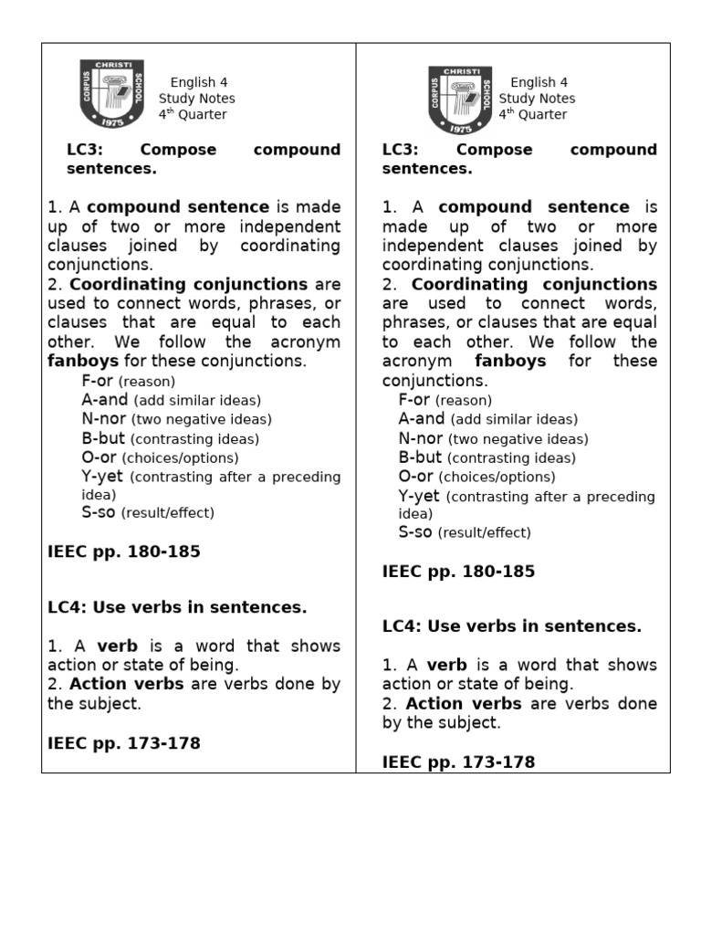 2kqqe1hu0 4Q STUDYNOTES Compound Sentences & Verbs | PDF
