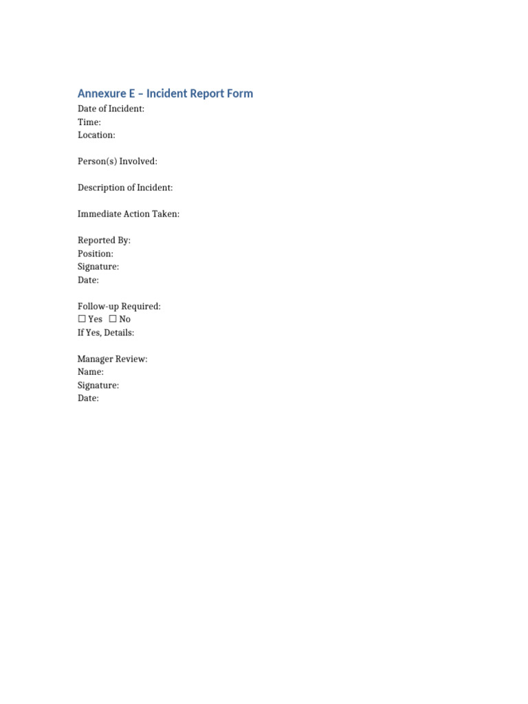 Annexure E Incident Report Form | PDF