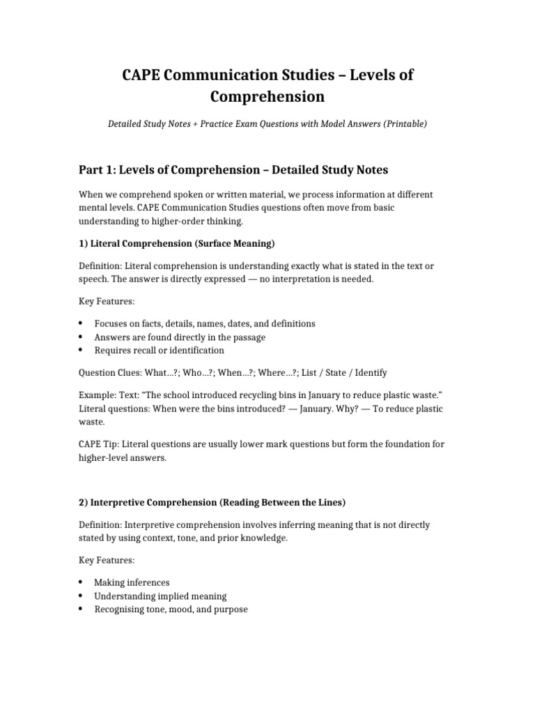 CAPE Communication Studies Levels of Comprehension Notes and Practice ...