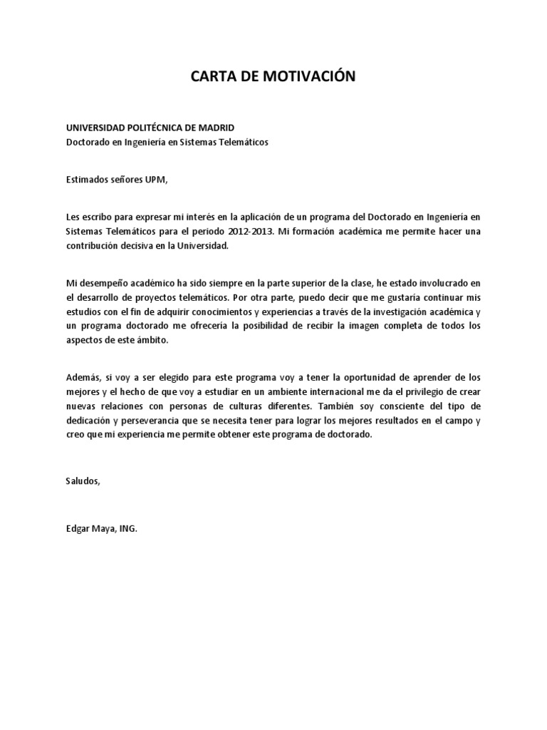 Carta De Motivacion Para Doctorado - r Carta De