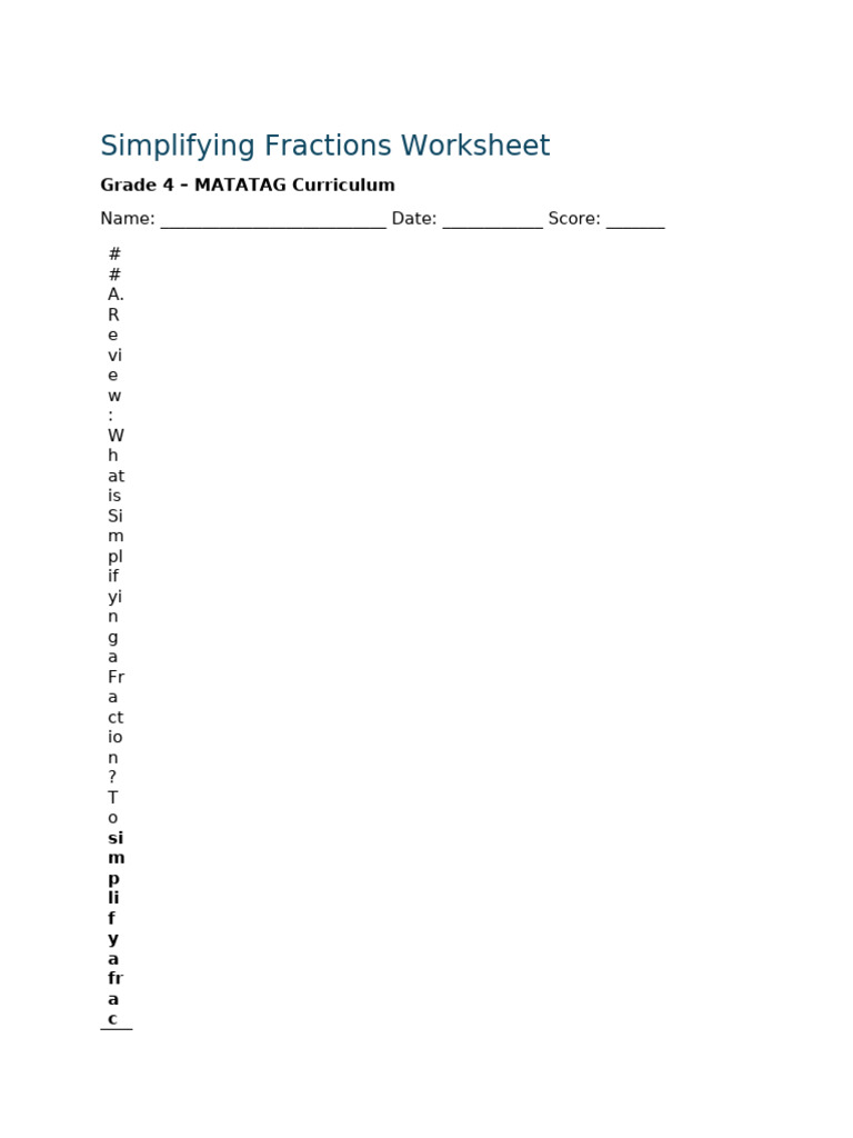 Grade 4 Worksheet - Simplifying Fractions (Matatag) | PDF