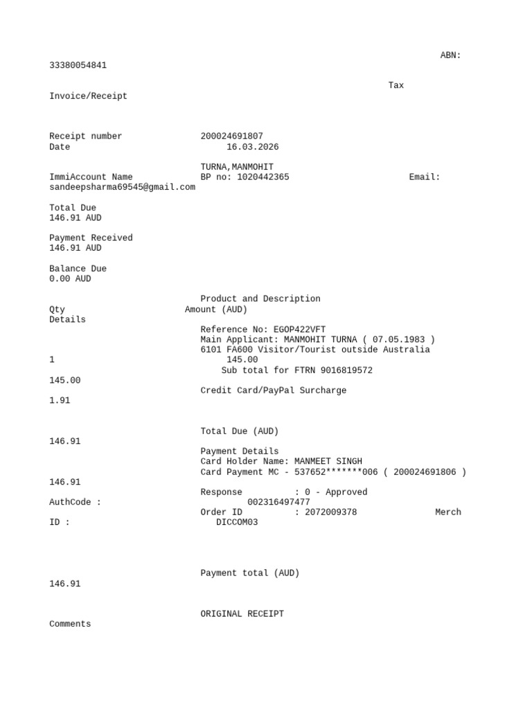 485097495 Visa Fee InvoiceReceipt PDF | PDF
