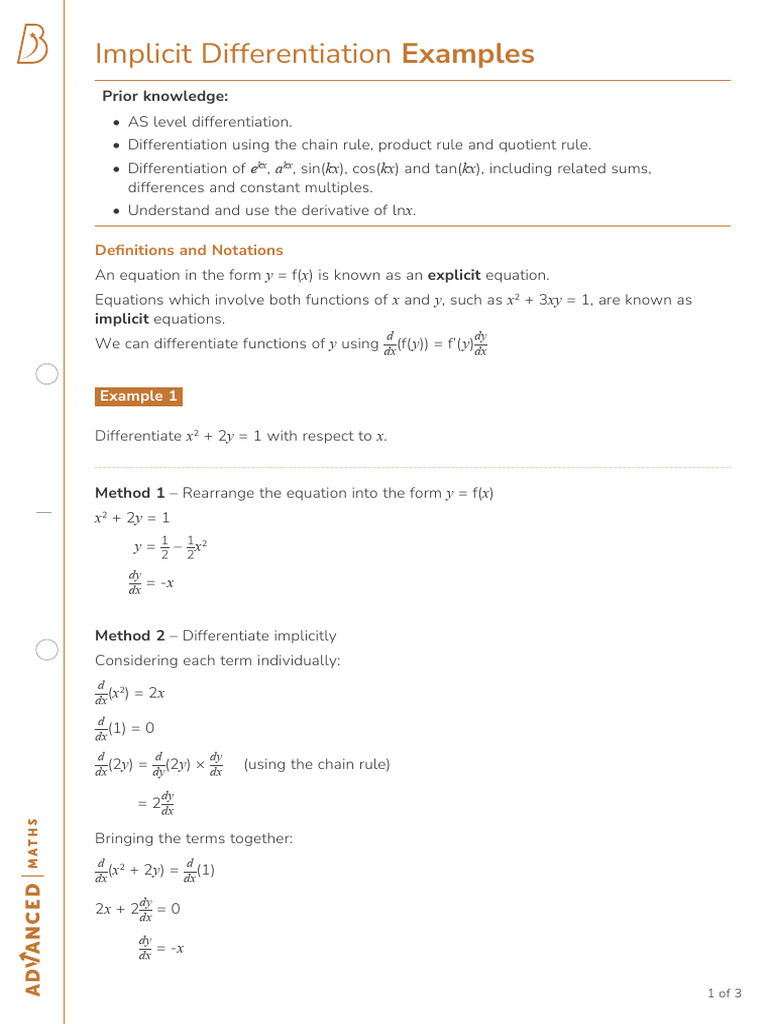 Implicit Differentiation (Examples) | PDF | Derivative | Mathematical ...
