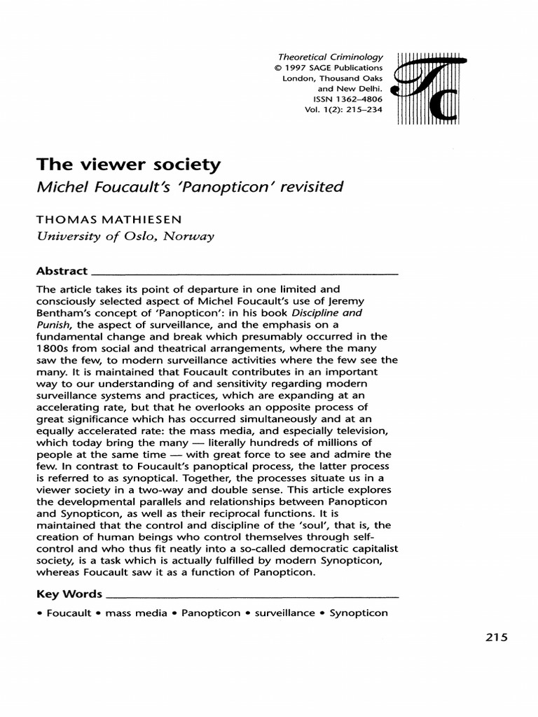 Mathiesen 1997 The Viewer Society Michel Foucault S Panopticon ...