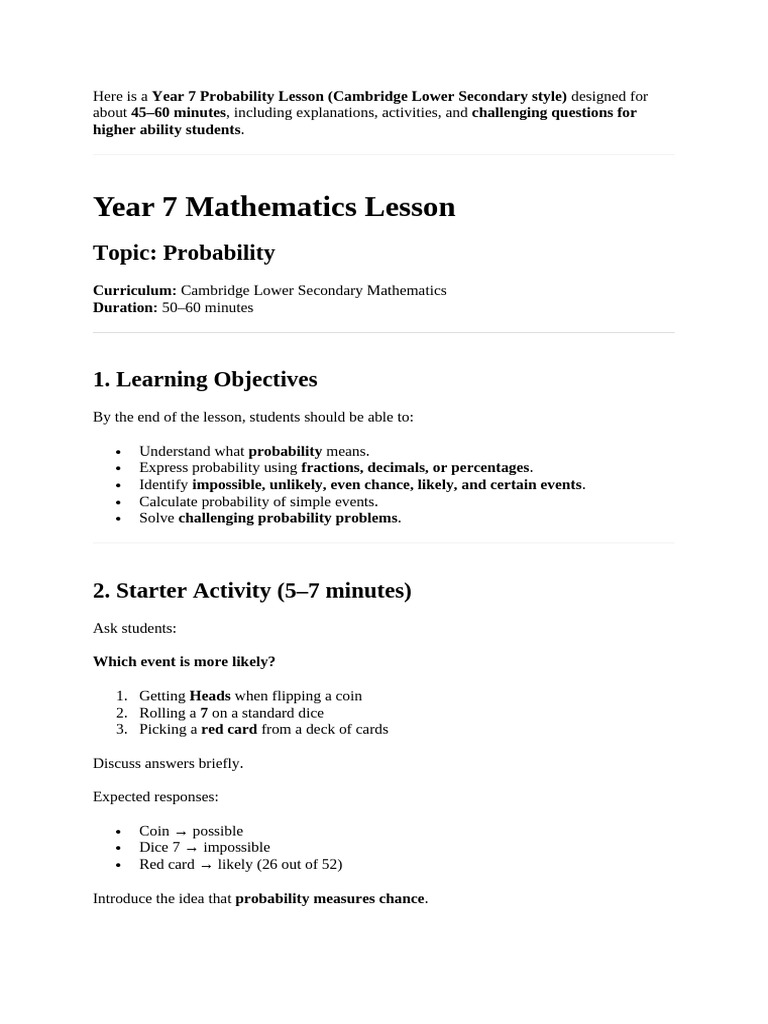 Here Is A Year 7 Probability Lesson | PDF | Probability | Numbers