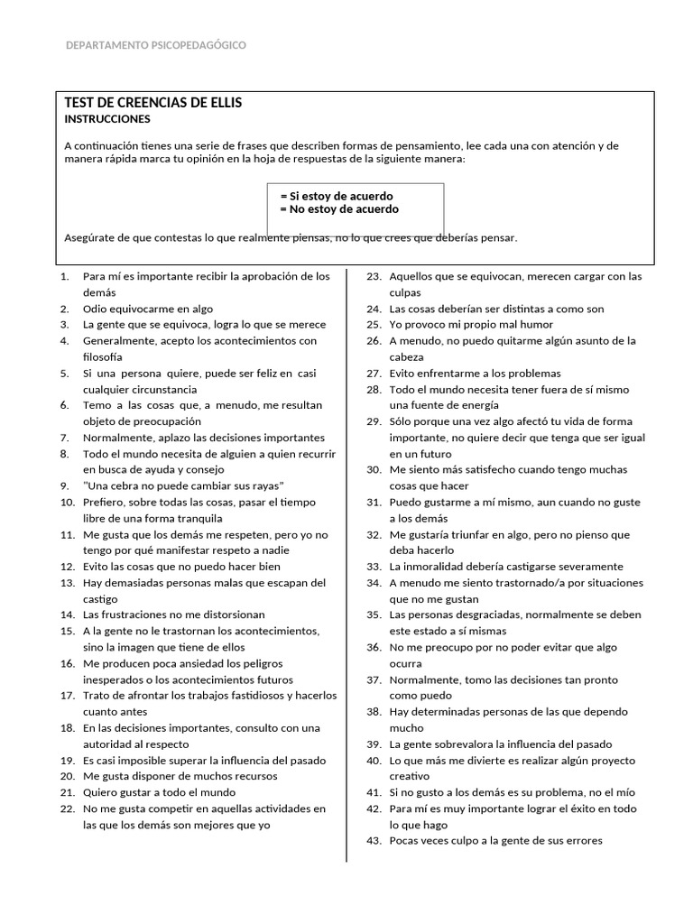 Test de Creencias de Ellis - Hoja de Preguntas | PDF