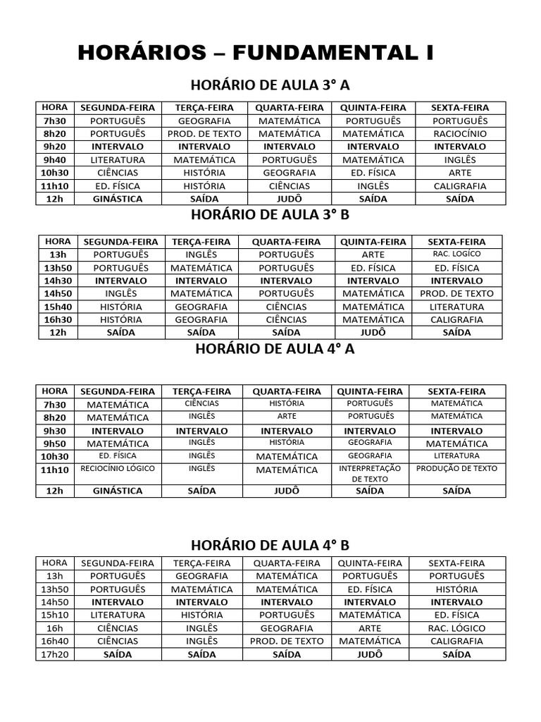 Horários Fund I - 2026 | PDF