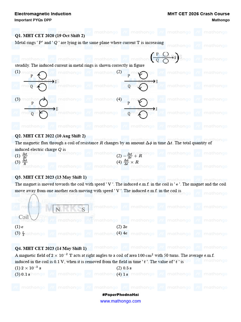 Electromagnetic Induction - Important PYQs DPP | PDF | Inductance ...