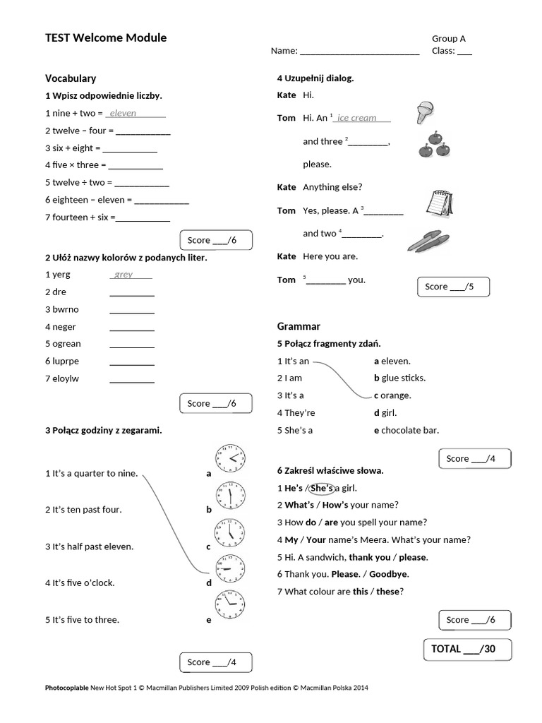 NewHotSpot Klasa4 Tests Welcome Module Test A | PDF