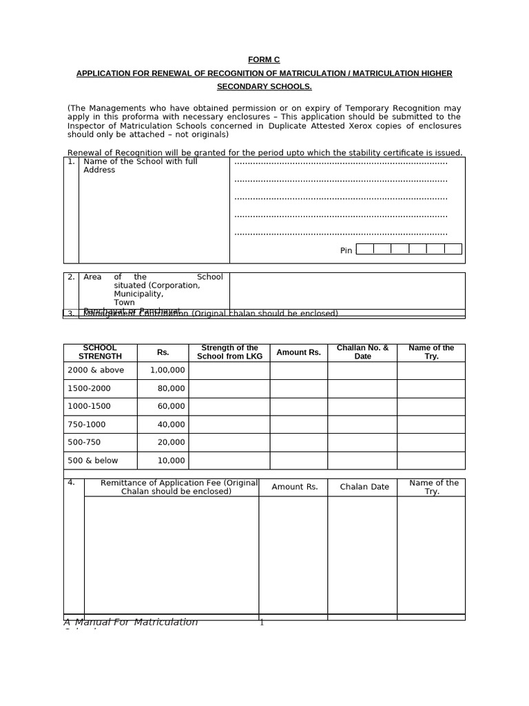 Application Form For Renewal of Recognition of Matriculation ...