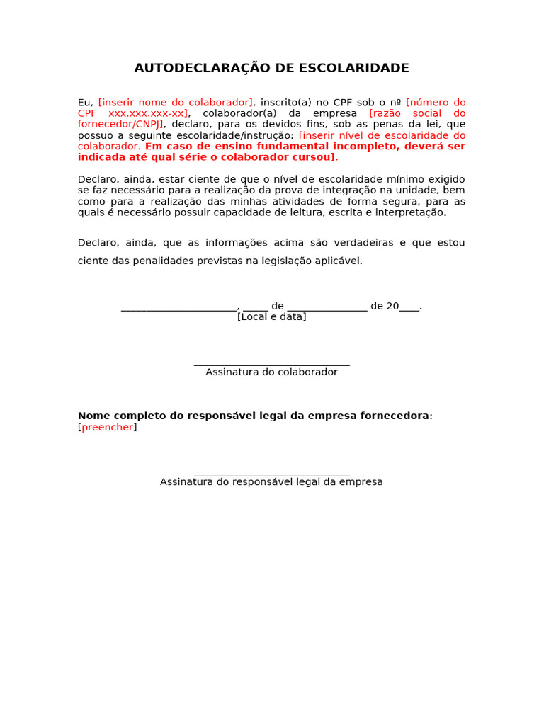 Modelo 05 Declaração- Comprovante de Escolaridade | PDF