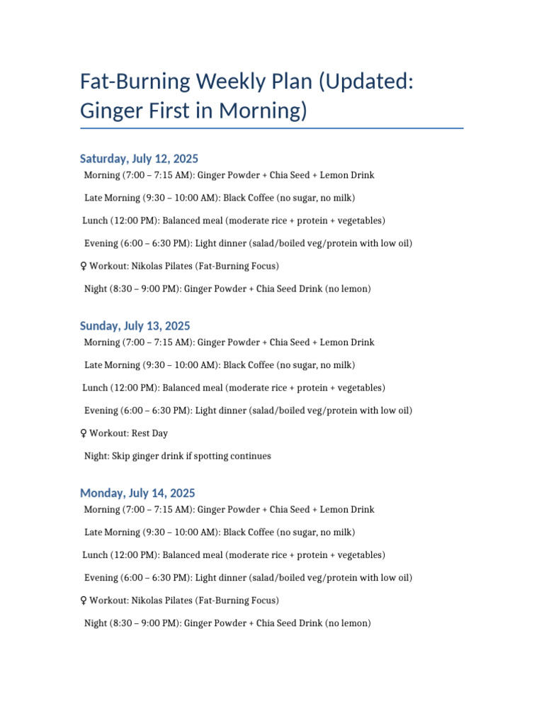 Updated Fat Burning Weekly Plan July12 18 | PDF