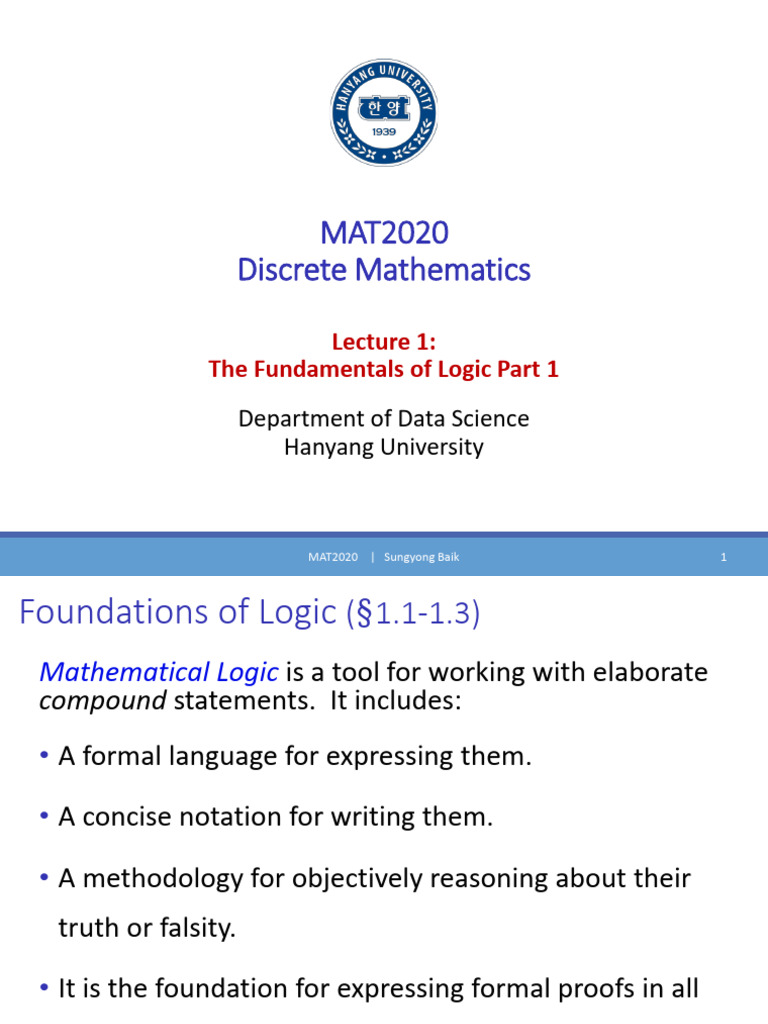 Lecture 1 - Logic Part 1 | PDF