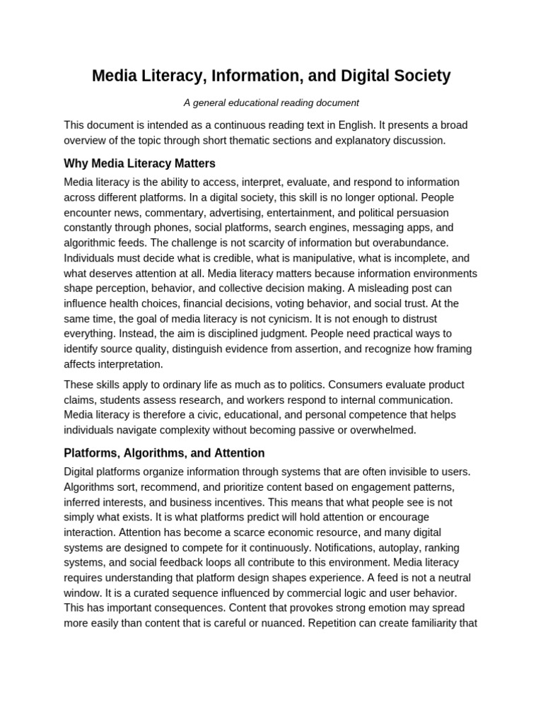 05 Media Literacy Information and Digital Society | PDF