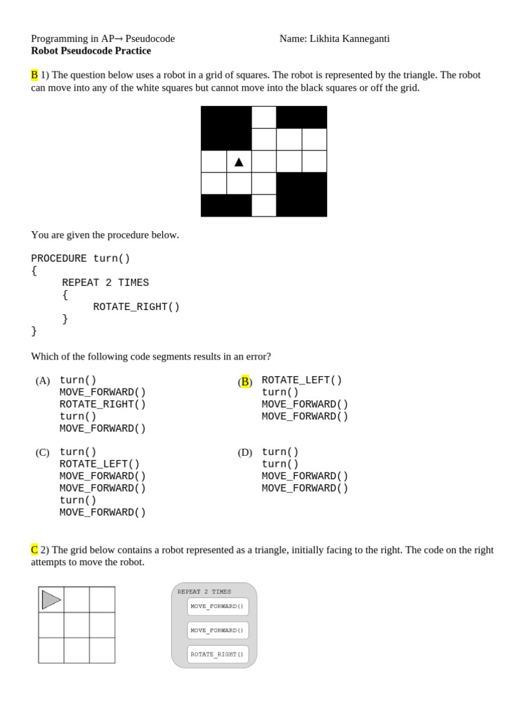 AP COMPUTER SCIENCE PRINCUPLES Robot Pseudocode Practice | PDF