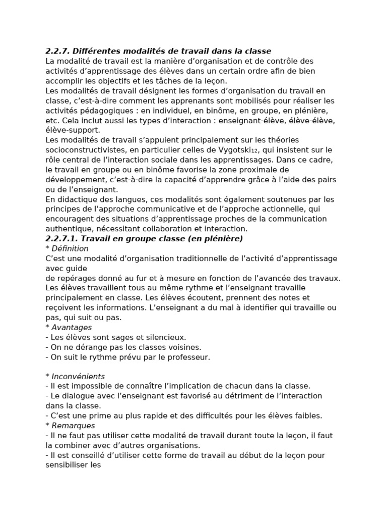 2.2.7. Différentes Modalités de Travail Dans La Classe: Définition ...