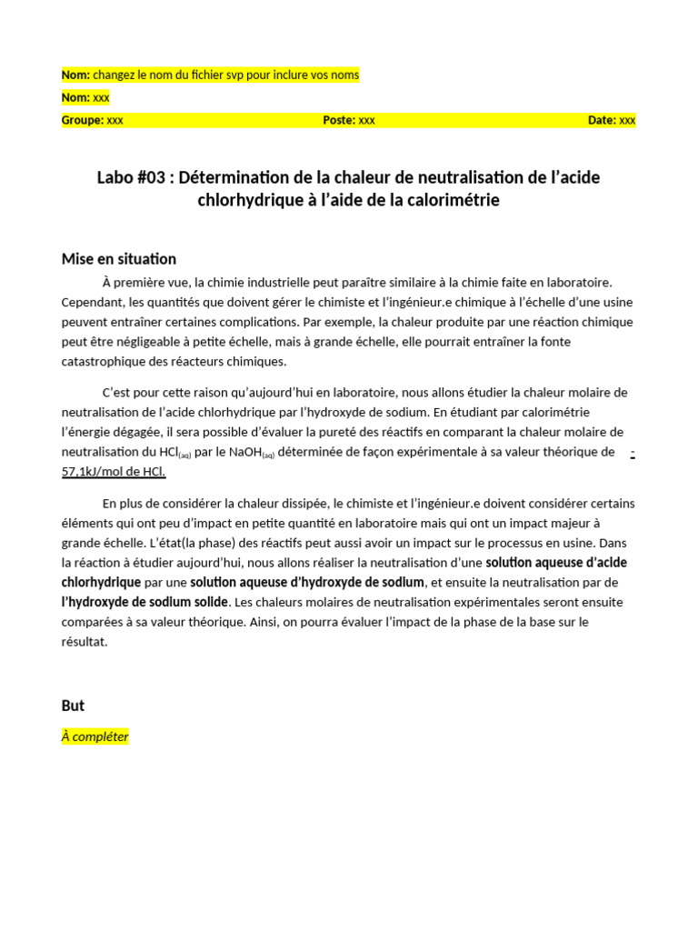 Labo 03 - Chaleur de Neutralisation 25-26 | PDF | Hydroxyde de sodium ...