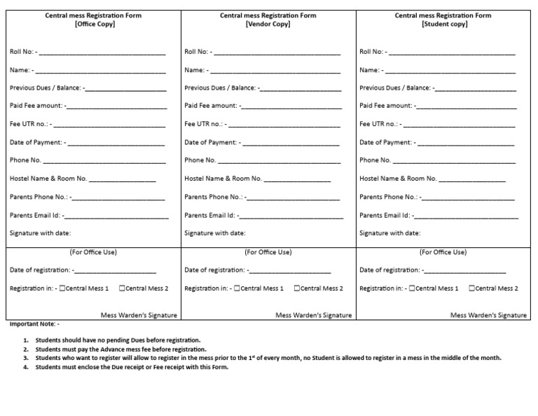 Registration Form Central Mess | PDF | Payments