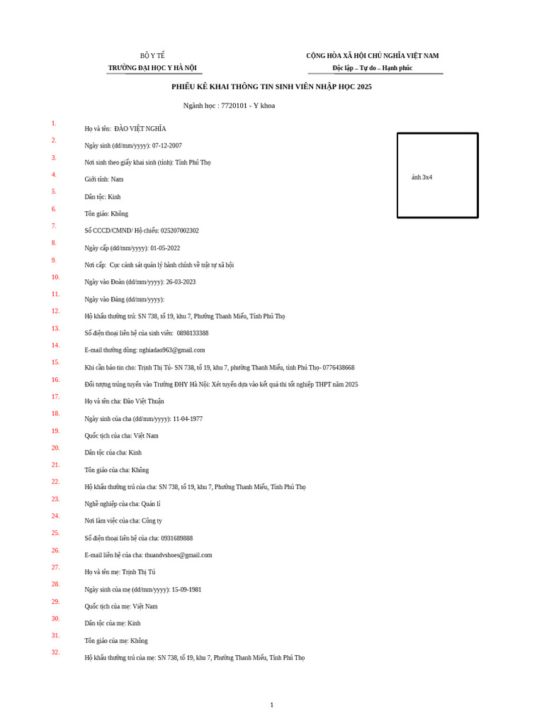 Phieu Ke Khai Thong Tin Sinh Vien | PDF